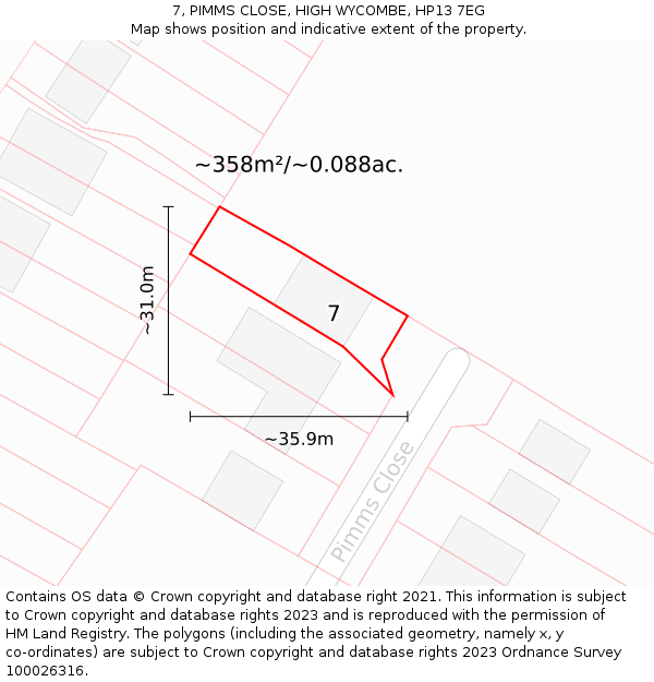 7, PIMMS CLOSE, HIGH WYCOMBE, HP13 7EG: Plot and title map