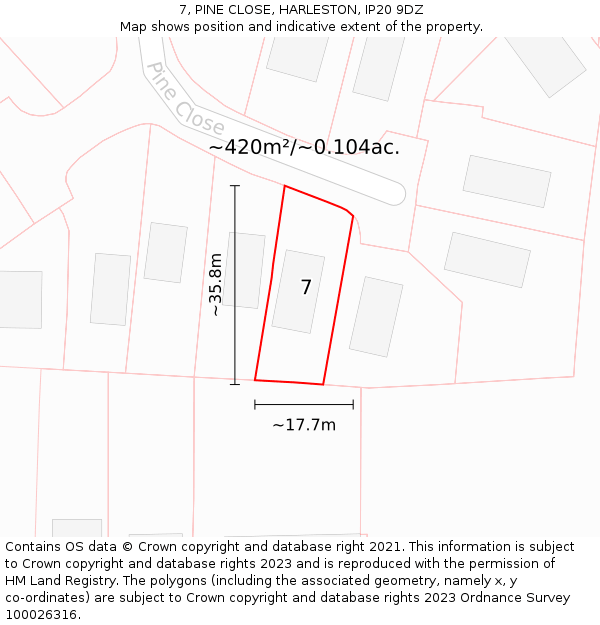 7, PINE CLOSE, HARLESTON, IP20 9DZ: Plot and title map