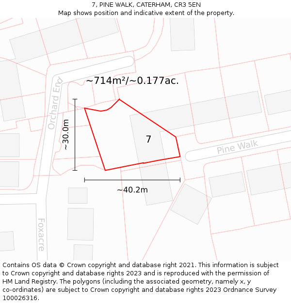 7, PINE WALK, CATERHAM, CR3 5EN: Plot and title map