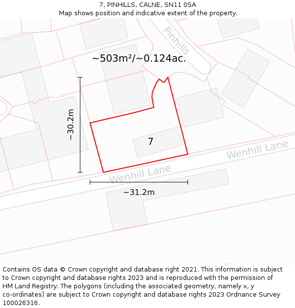 7, PINHILLS, CALNE, SN11 0SA: Plot and title map