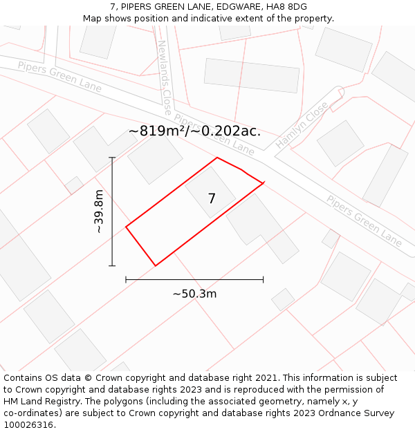 7, PIPERS GREEN LANE, EDGWARE, HA8 8DG: Plot and title map