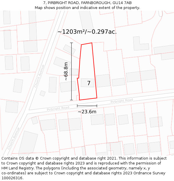 7, PIRBRIGHT ROAD, FARNBOROUGH, GU14 7AB: Plot and title map