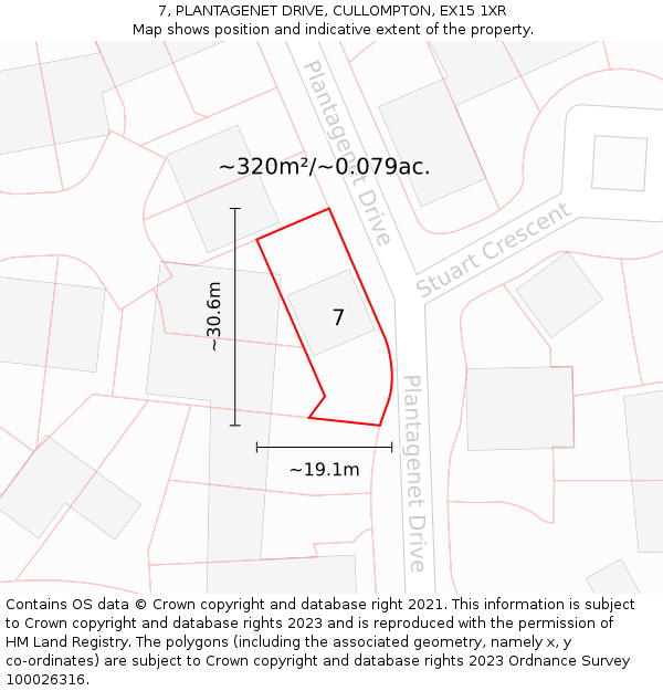 7, PLANTAGENET DRIVE, CULLOMPTON, EX15 1XR: Plot and title map