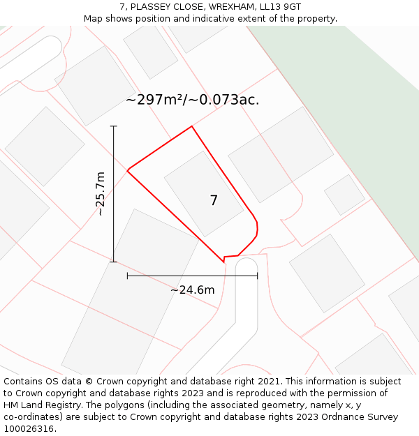 7, PLASSEY CLOSE, WREXHAM, LL13 9GT: Plot and title map