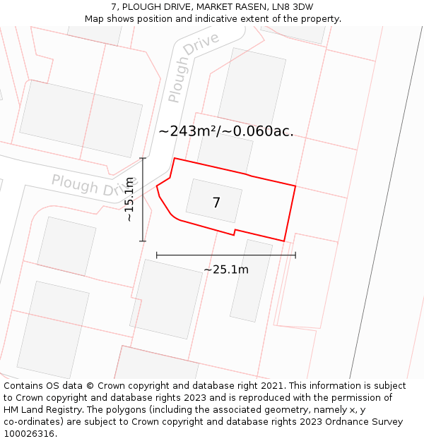 7, PLOUGH DRIVE, MARKET RASEN, LN8 3DW: Plot and title map