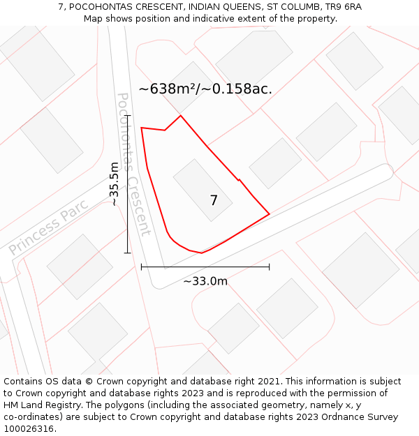 7, POCOHONTAS CRESCENT, INDIAN QUEENS, ST COLUMB, TR9 6RA: Plot and title map