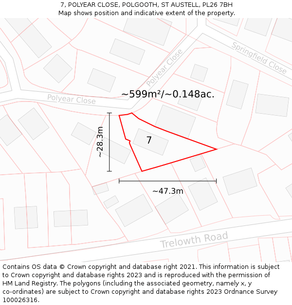 7, POLYEAR CLOSE, POLGOOTH, ST AUSTELL, PL26 7BH: Plot and title map