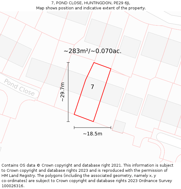 7, POND CLOSE, HUNTINGDON, PE29 6JL: Plot and title map