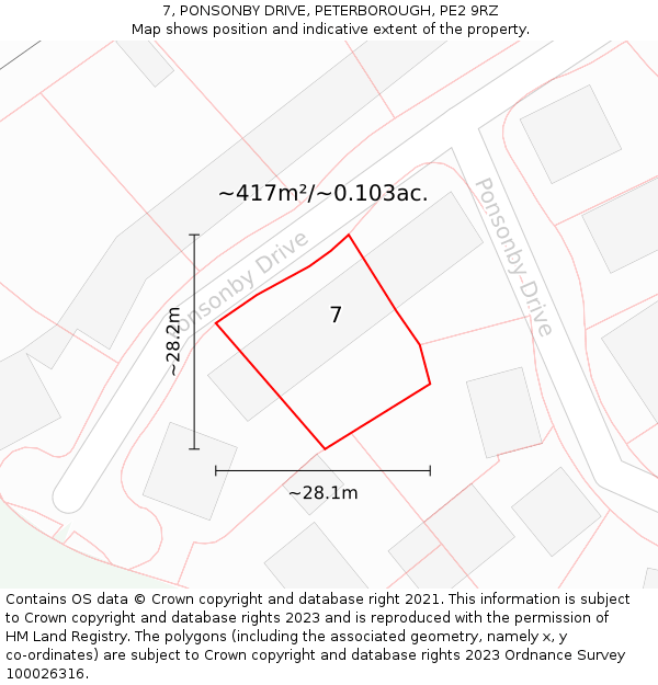 7, PONSONBY DRIVE, PETERBOROUGH, PE2 9RZ: Plot and title map