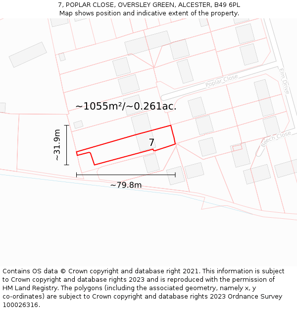 7, POPLAR CLOSE, OVERSLEY GREEN, ALCESTER, B49 6PL: Plot and title map