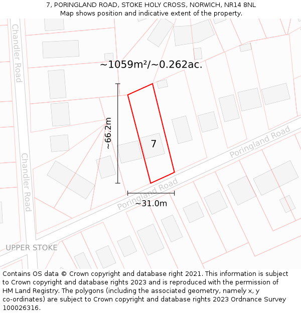 7, PORINGLAND ROAD, STOKE HOLY CROSS, NORWICH, NR14 8NL: Plot and title map