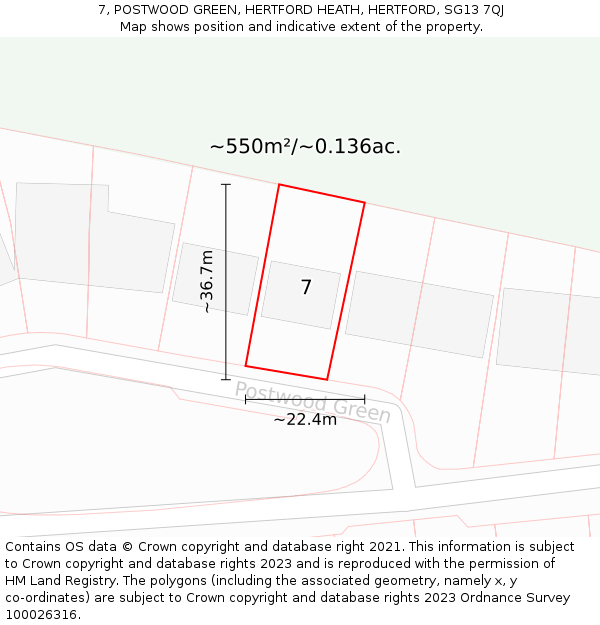 7, POSTWOOD GREEN, HERTFORD HEATH, HERTFORD, SG13 7QJ: Plot and title map