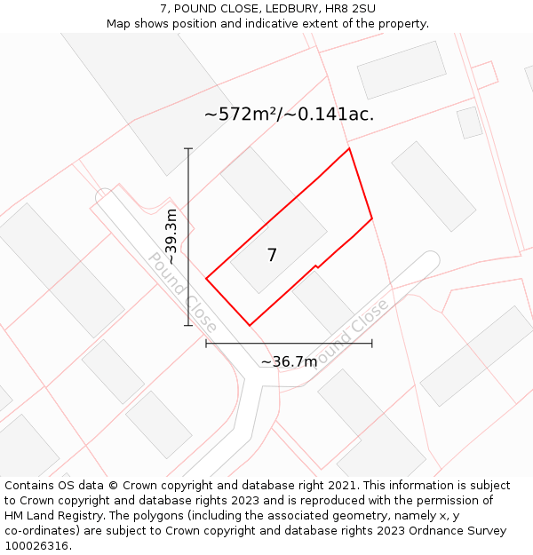 7, POUND CLOSE, LEDBURY, HR8 2SU: Plot and title map