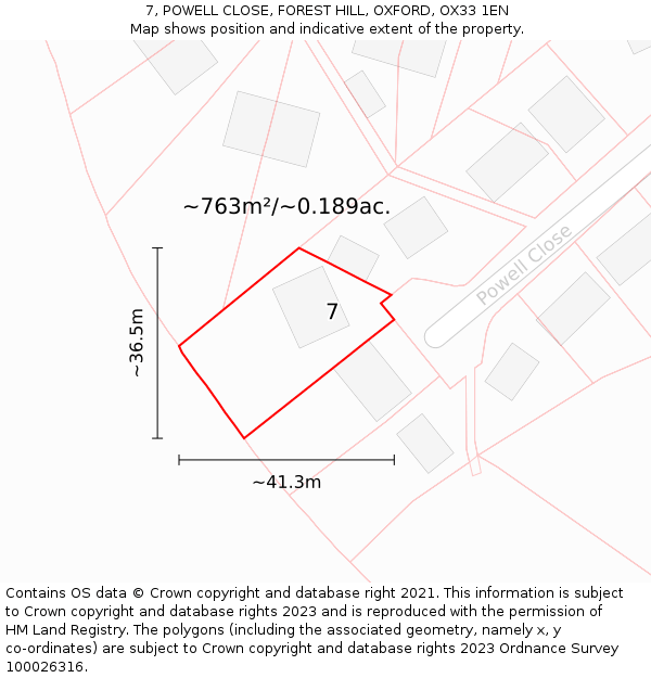 7, POWELL CLOSE, FOREST HILL, OXFORD, OX33 1EN: Plot and title map