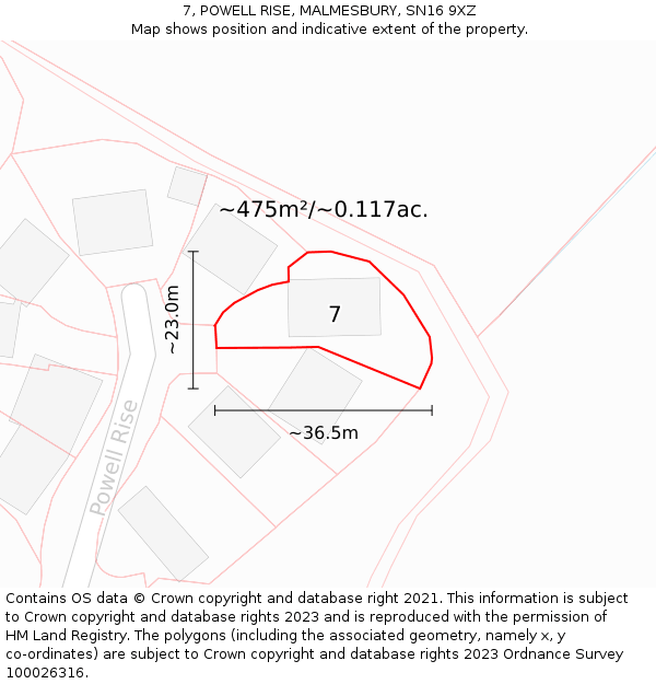 7, POWELL RISE, MALMESBURY, SN16 9XZ: Plot and title map