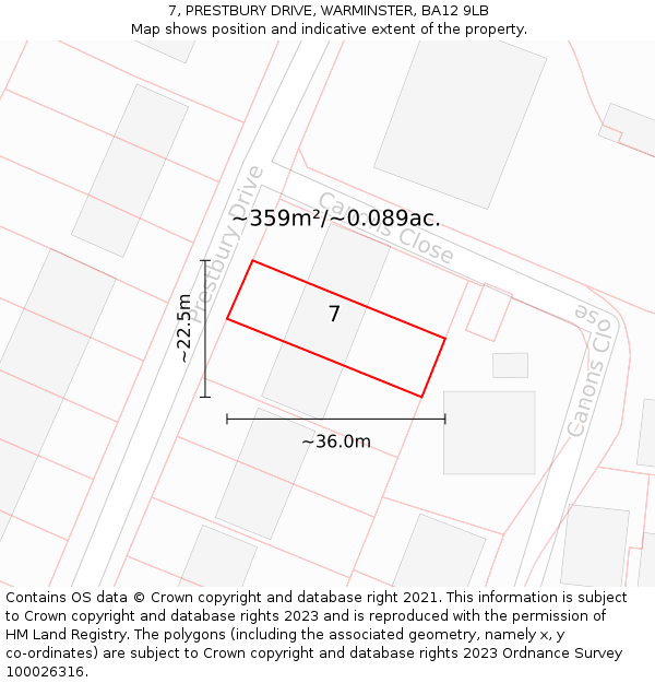 7, PRESTBURY DRIVE, WARMINSTER, BA12 9LB: Plot and title map