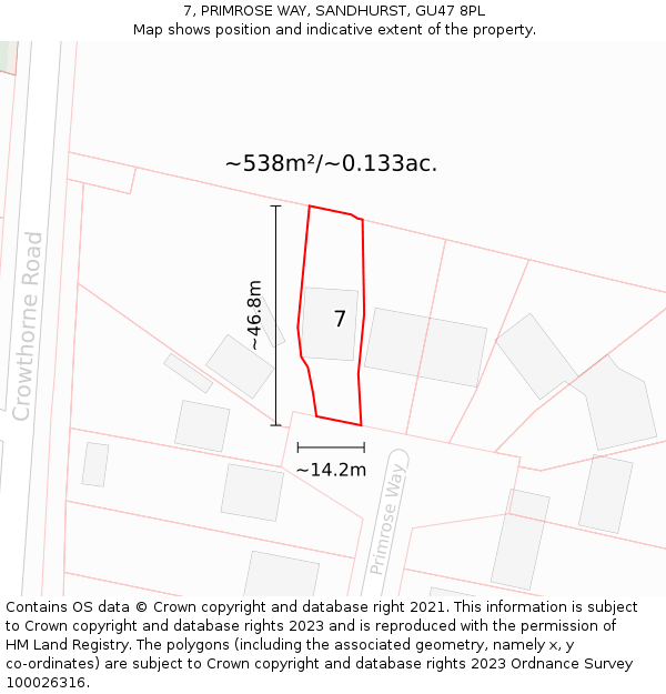 7, PRIMROSE WAY, SANDHURST, GU47 8PL: Plot and title map