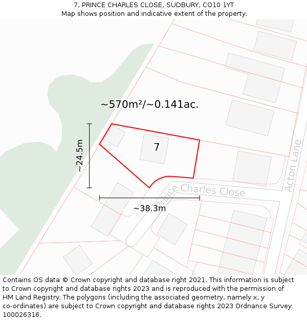 7, PRINCE CHARLES CLOSE, SUDBURY, CO10 1YT: Plot and title map