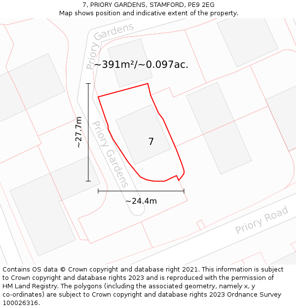 7, PRIORY GARDENS, STAMFORD, PE9 2EG: Plot and title map