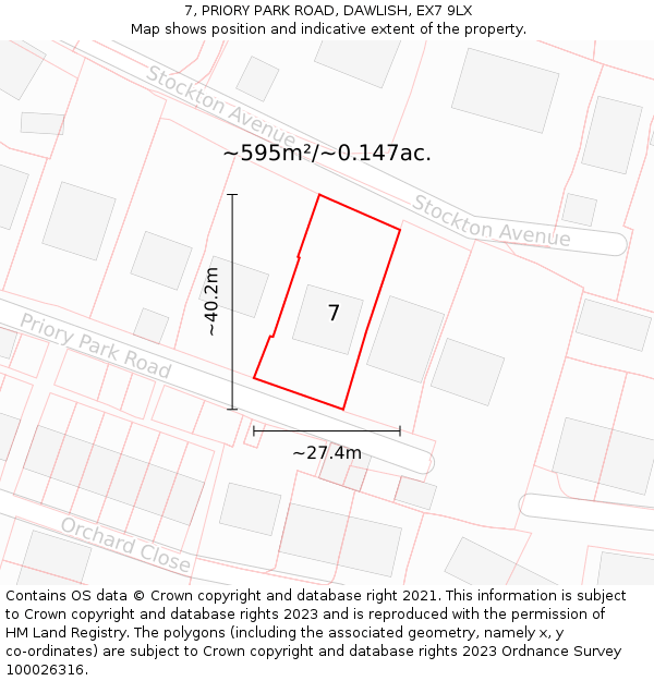 7, PRIORY PARK ROAD, DAWLISH, EX7 9LX: Plot and title map