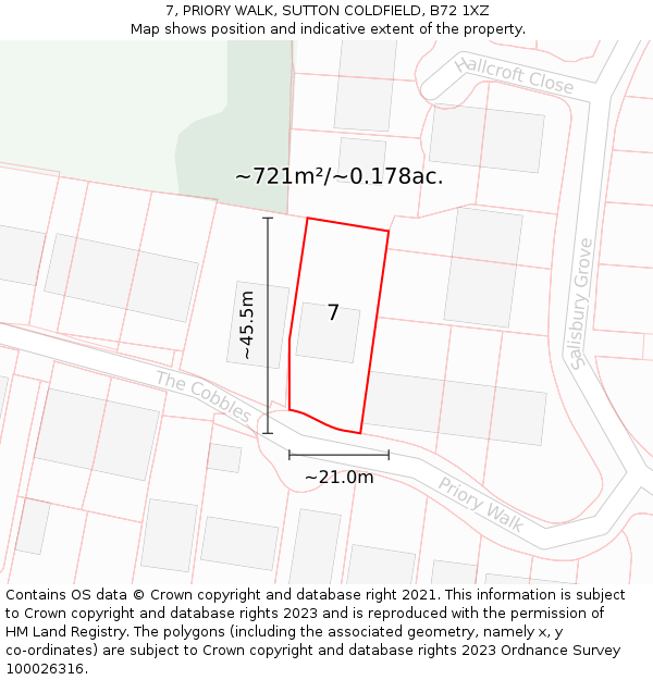 7, PRIORY WALK, SUTTON COLDFIELD, B72 1XZ: Plot and title map