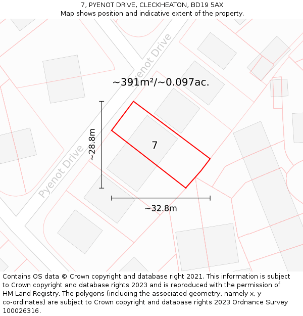 7, PYENOT DRIVE, CLECKHEATON, BD19 5AX: Plot and title map