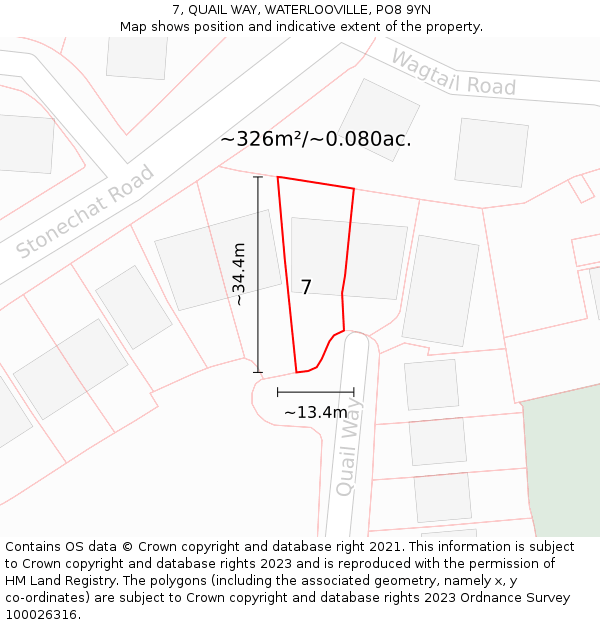 7, QUAIL WAY, WATERLOOVILLE, PO8 9YN: Plot and title map