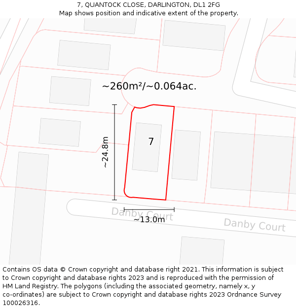 7, QUANTOCK CLOSE, DARLINGTON, DL1 2FG: Plot and title map