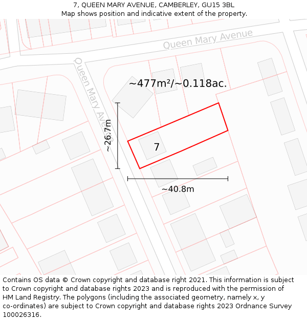 7, QUEEN MARY AVENUE, CAMBERLEY, GU15 3BL: Plot and title map