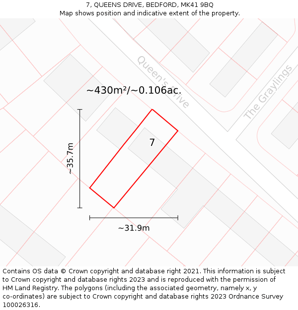 7, QUEENS DRIVE, BEDFORD, MK41 9BQ: Plot and title map