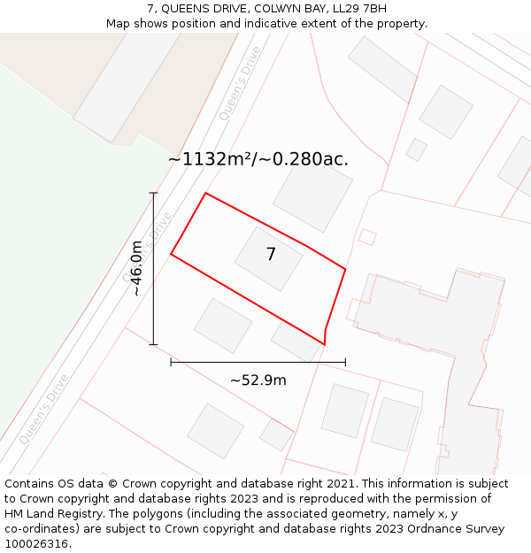 7, QUEENS DRIVE, COLWYN BAY, LL29 7BH: Plot and title map