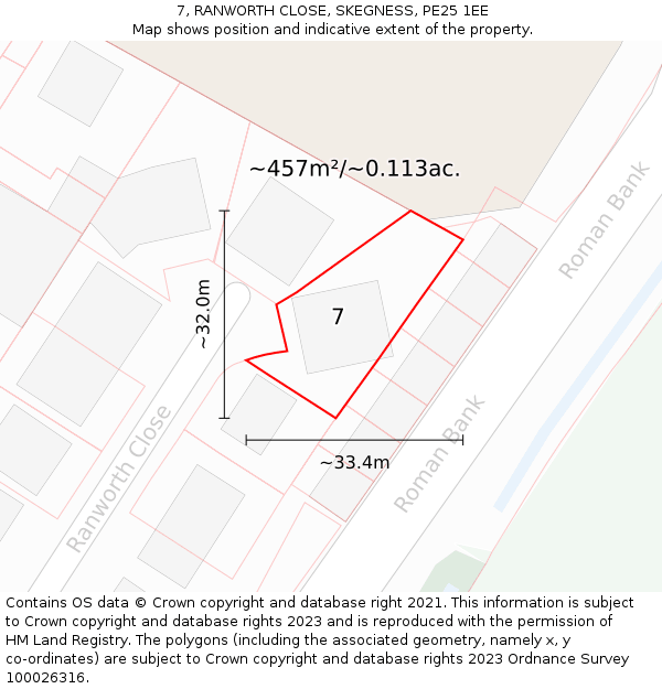 7, RANWORTH CLOSE, SKEGNESS, PE25 1EE: Plot and title map