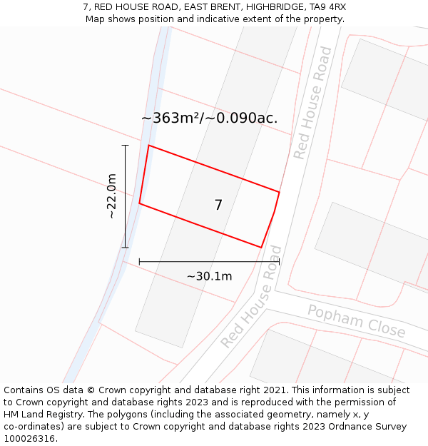 7, RED HOUSE ROAD, EAST BRENT, HIGHBRIDGE, TA9 4RX: Plot and title map