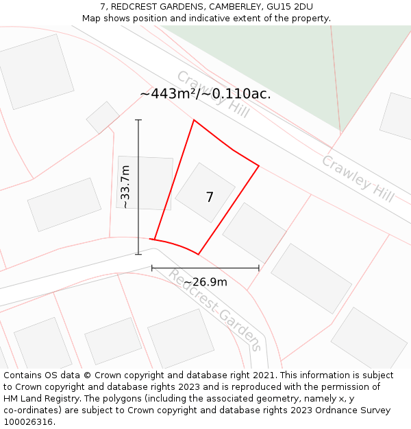 7, REDCREST GARDENS, CAMBERLEY, GU15 2DU: Plot and title map