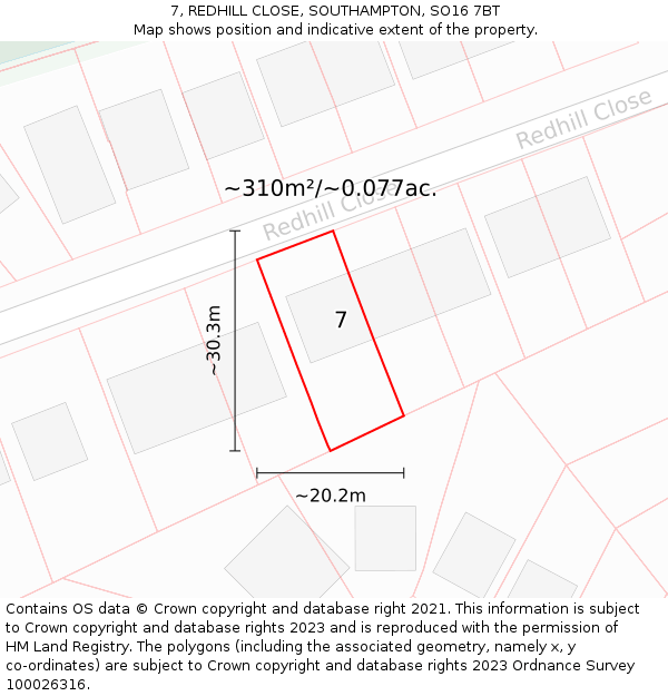 7, REDHILL CLOSE, SOUTHAMPTON, SO16 7BT: Plot and title map