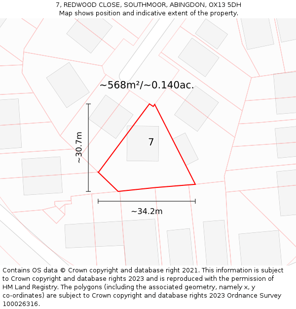 7, REDWOOD CLOSE, SOUTHMOOR, ABINGDON, OX13 5DH: Plot and title map