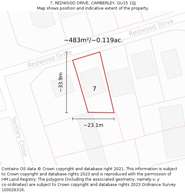 7, REDWOOD DRIVE, CAMBERLEY, GU15 1QJ: Plot and title map