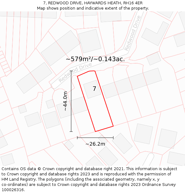 7, REDWOOD DRIVE, HAYWARDS HEATH, RH16 4ER: Plot and title map