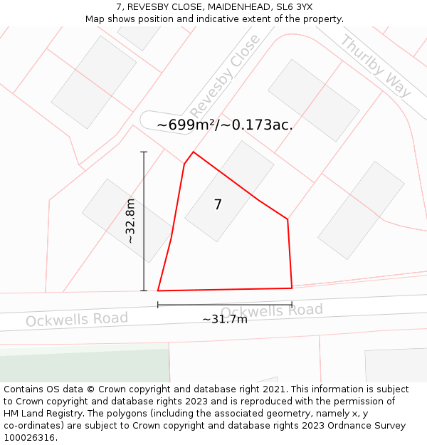 7, REVESBY CLOSE, MAIDENHEAD, SL6 3YX: Plot and title map