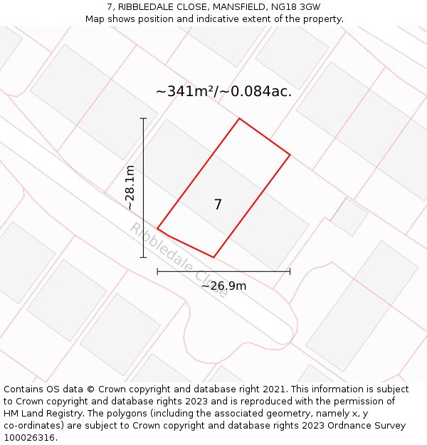 7, RIBBLEDALE CLOSE, MANSFIELD, NG18 3GW: Plot and title map