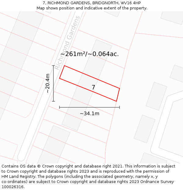 7, RICHMOND GARDENS, BRIDGNORTH, WV16 4HP: Plot and title map