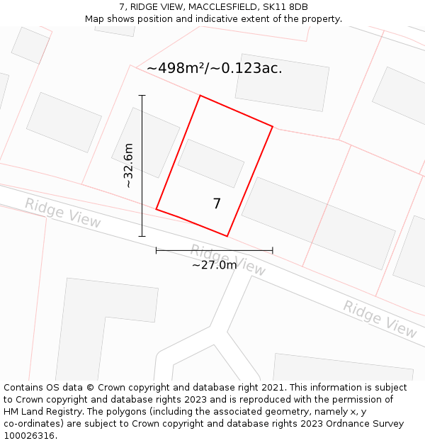 7, RIDGE VIEW, MACCLESFIELD, SK11 8DB: Plot and title map