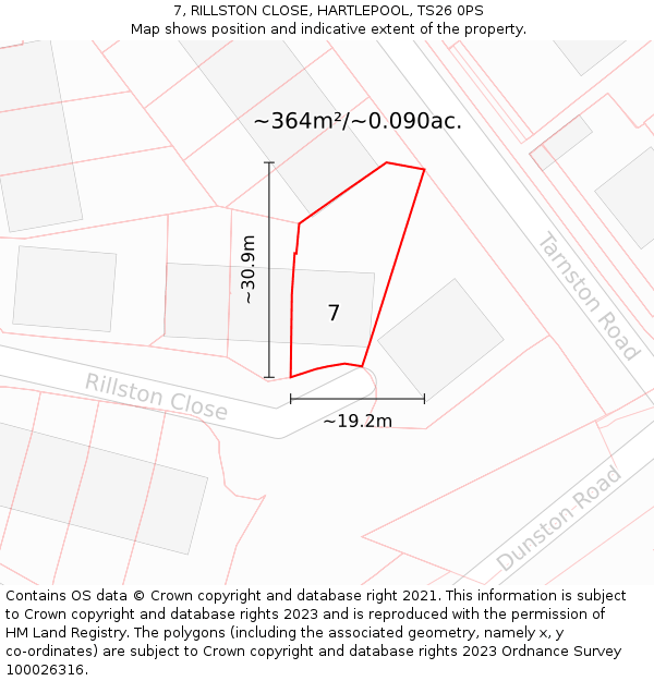 7, RILLSTON CLOSE, HARTLEPOOL, TS26 0PS: Plot and title map