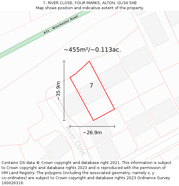 7, RIVER CLOSE, FOUR MARKS, ALTON, GU34 5XB: Plot and title map