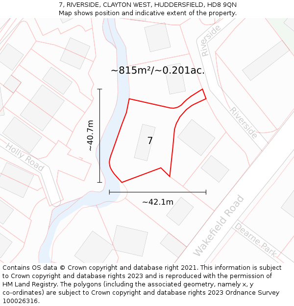 7, RIVERSIDE, CLAYTON WEST, HUDDERSFIELD, HD8 9QN: Plot and title map