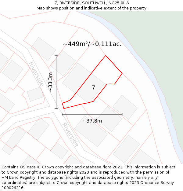 7, RIVERSIDE, SOUTHWELL, NG25 0HA: Plot and title map