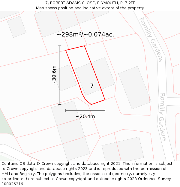 7, ROBERT ADAMS CLOSE, PLYMOUTH, PL7 2FE: Plot and title map