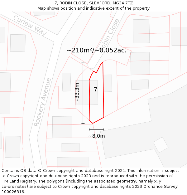 7, ROBIN CLOSE, SLEAFORD, NG34 7TZ: Plot and title map