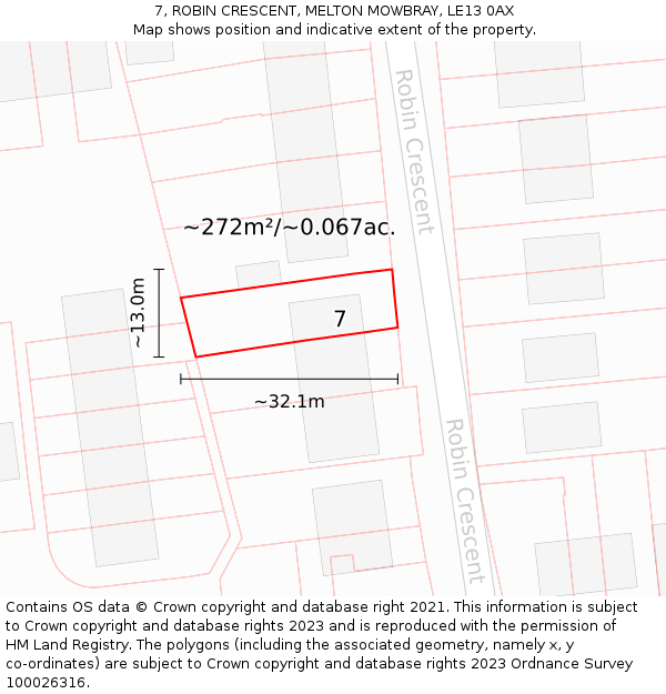 7, ROBIN CRESCENT, MELTON MOWBRAY, LE13 0AX: Plot and title map