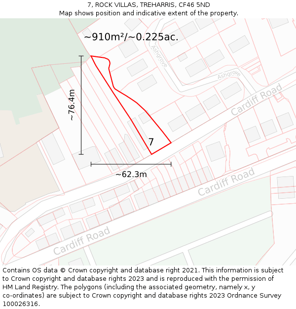 7, ROCK VILLAS, TREHARRIS, CF46 5ND: Plot and title map